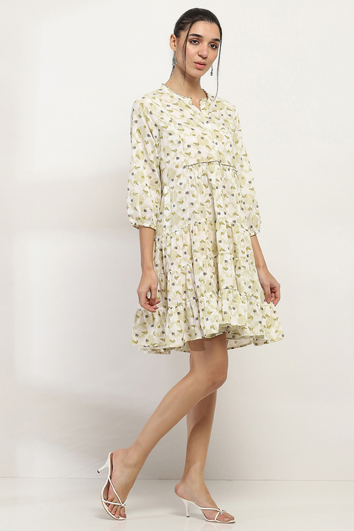 Olive Green Printed Tiered Dress image number 4