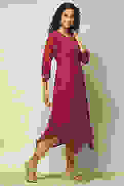 Wine Polyester Straight Printed Kurta image number 4