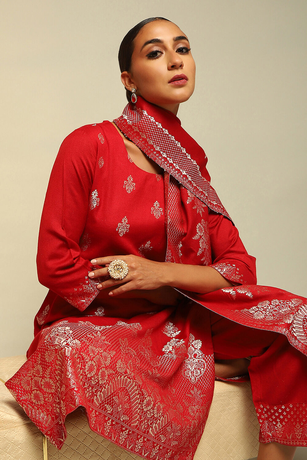 Red Acrylic Straight Yarn Dyed Kurta Palazzo Suit Set image number 7