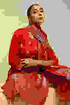 Red Acrylic Straight Yarn Dyed Kurta Palazzo Suit Set image number 7