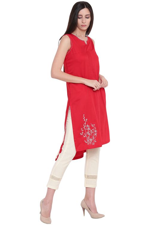 Red Cotton Straight Kurta image number 2