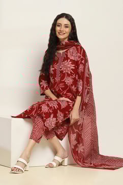 Maroon Cotton Floral Printed Straight Suit Set image number 0
