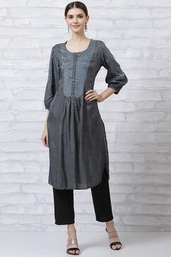 Dark Grey LIVA Gathered Kurta image number 0