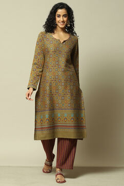 Olive Jacquard Straight Yarndyed Kurta Palazzo Suit Set image number 6