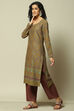 Olive Jacquard Straight Yarndyed Kurta Palazzo Suit Set image number 3