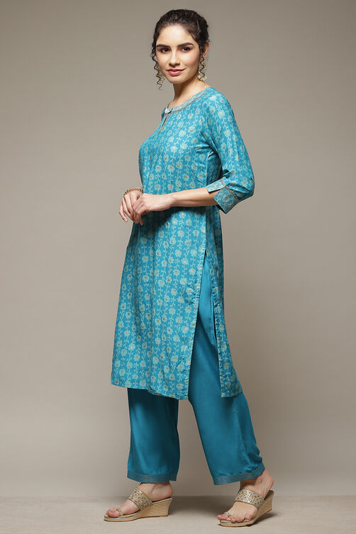 Blue Art Silk Straight Suit Set image number 3
