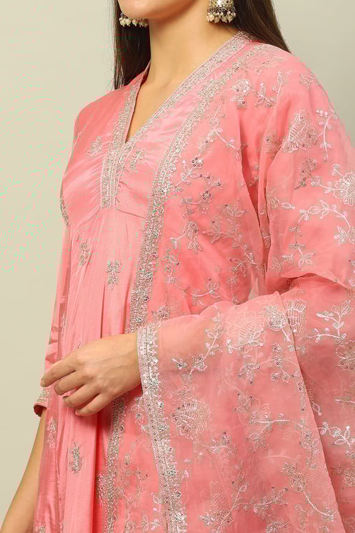 Dusty Blue Viscose Shantoon Kalidar Embroidered Kurta Palazzo Suit Set image number 1