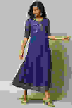 Coblt Blue Polyester Kalidar Printed Dress image number 4