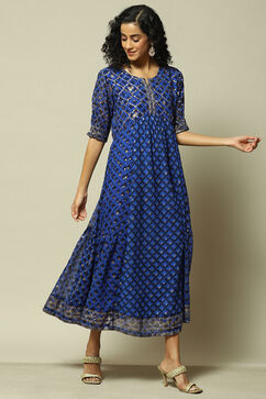 Coblt Blue Polyester Kalidar Printed Dress image number 4