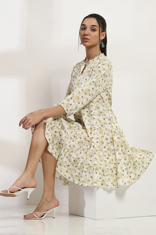 Olive Green Printed Tiered Dress image number 0