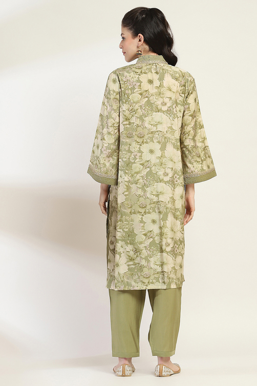 Green Floral Printed Straight Suit Set image number 4