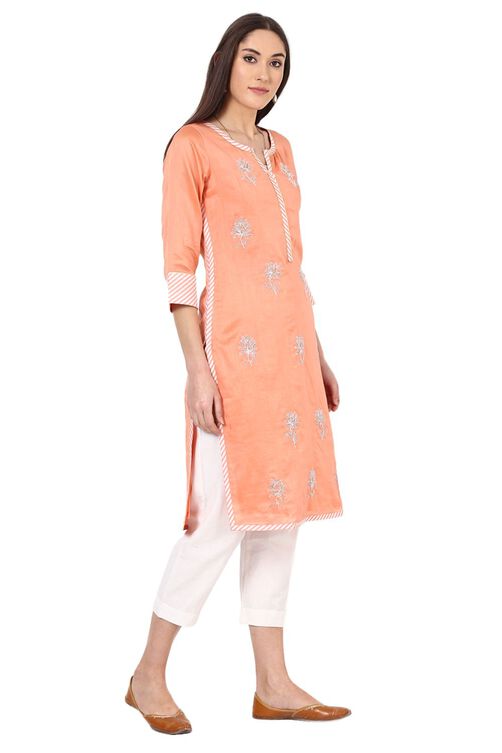 Peach Straight Poly Chanderi Kurta image number 3