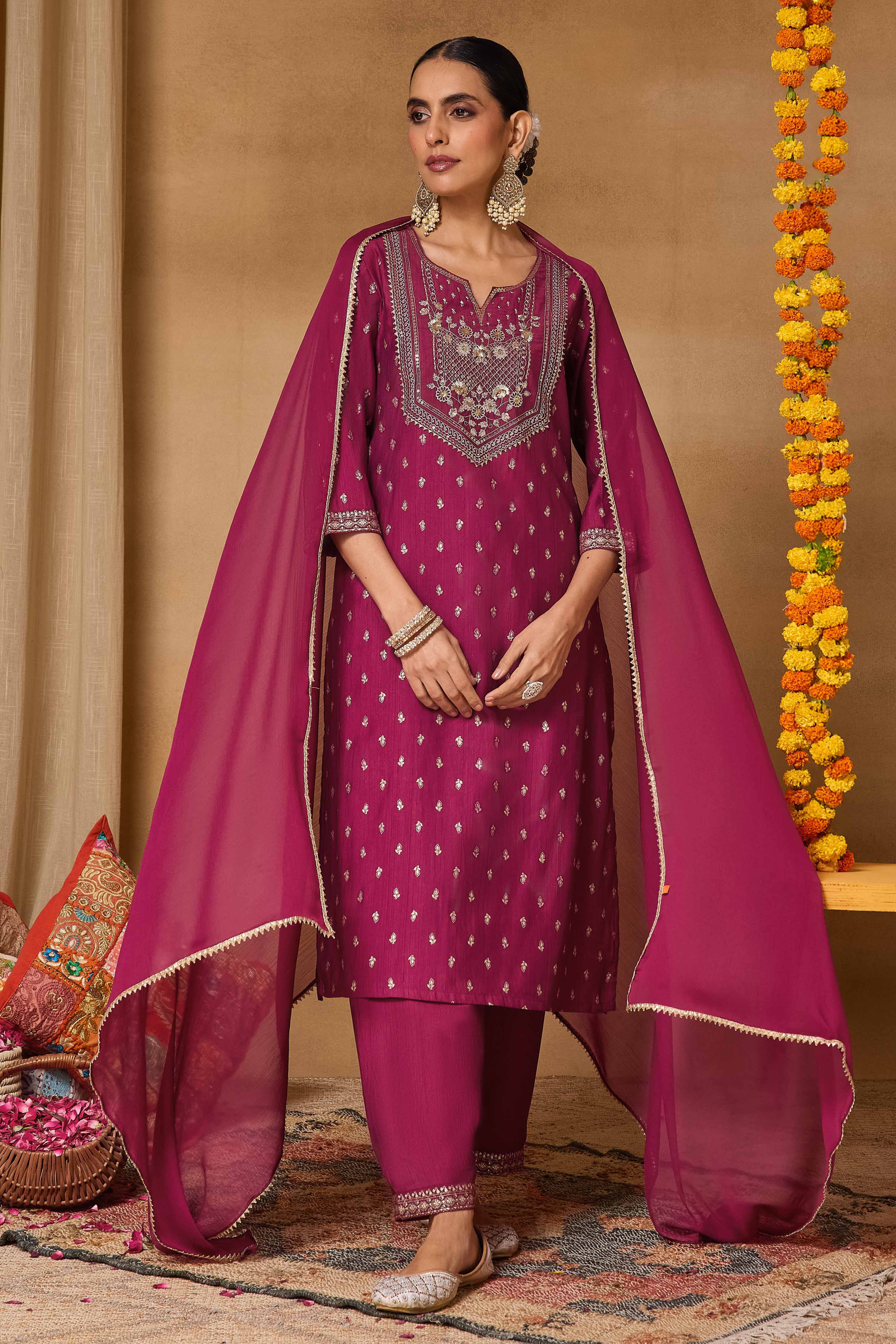 Maroon Viscose Blend Straight Printed Suit Set image number 7