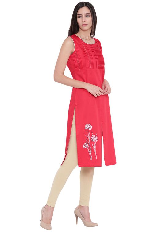 Red Cotton Straight Kurta image number 2