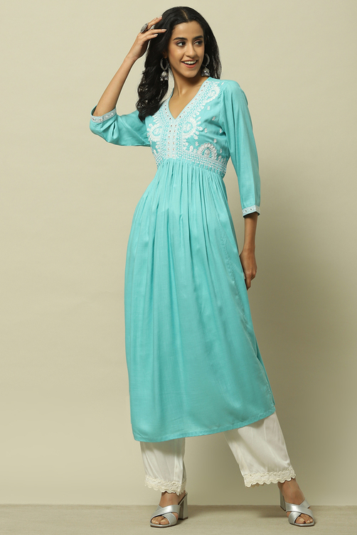 Buy Cyan Blue Rayon Slub Tiered Dress Dress by Rangriti Buy Cyan Blue Rayon Slub Tiered Dress Dress by Rangriti