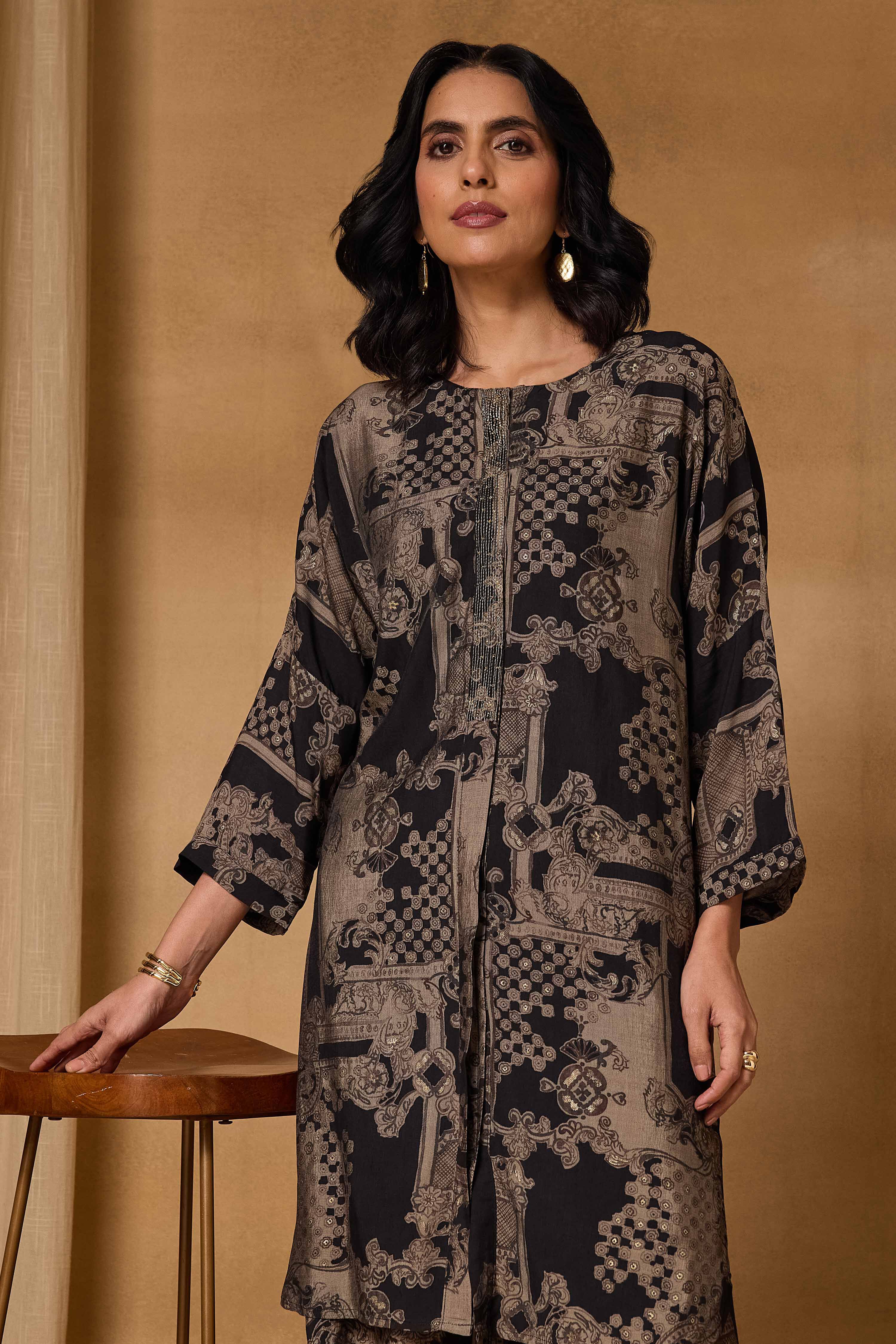 Black Viscose Blend Straight Printed Kurta Pants Set image number 8