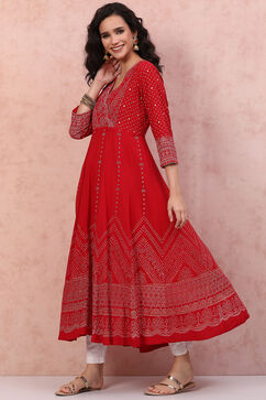 Red LIVA Kalidar Kurta Dress image number 2
