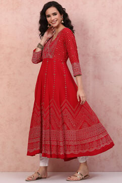 Red LIVA Kalidar Kurta Dress image number 2