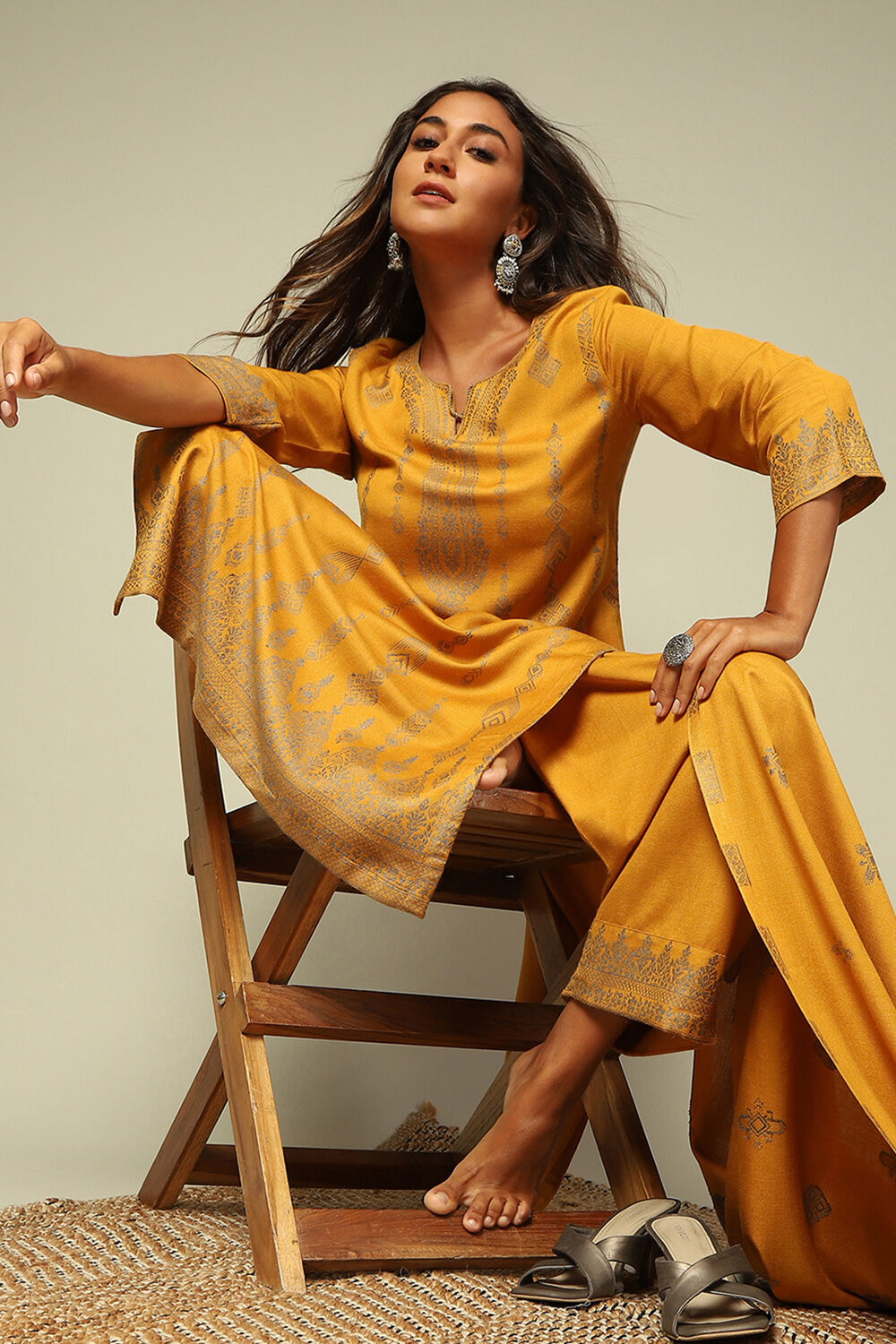 Mustard Acrylic A-Line Yarn Dyed Kurta Palazzo Suit Set image number 7