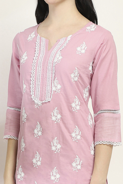 Lilac Cotton Embroidered Straight Suit Set image number 1