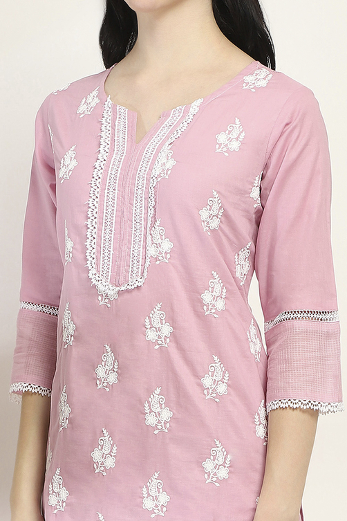 Lilac Cotton Embroidered Straight Suit Set image number 1