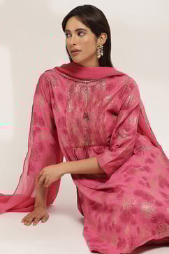 Onion Pink Viscose Blend Gathered Printed Kurta Salwar Suit Set image number 0