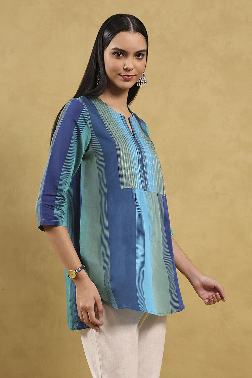 Blue Viscose Blend Solid Tiered Top image number 4