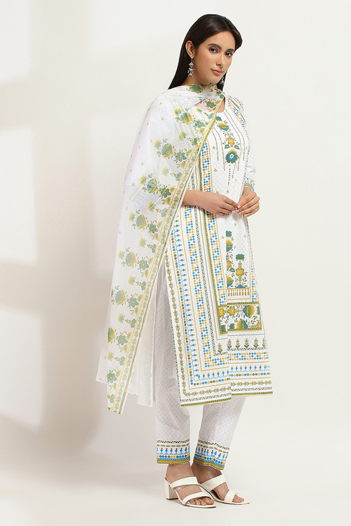 White Cotton Printed Straight Suit Set image number 5