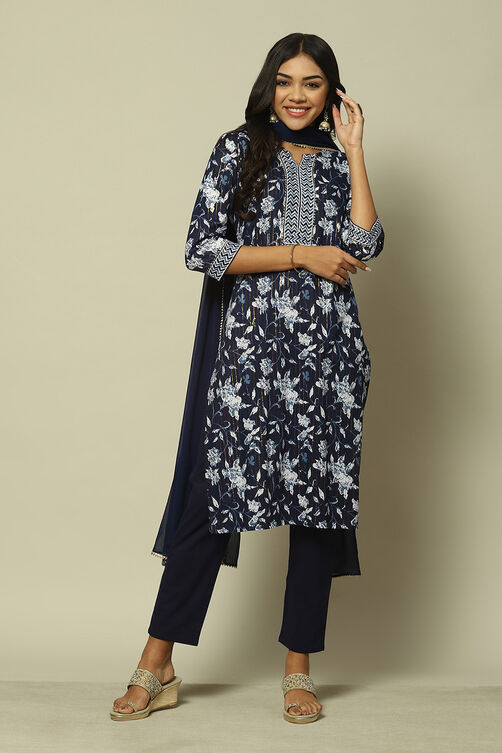 Indigo Blue Cotton Straight Printed Kurta Palazzo Suit Set image number 0