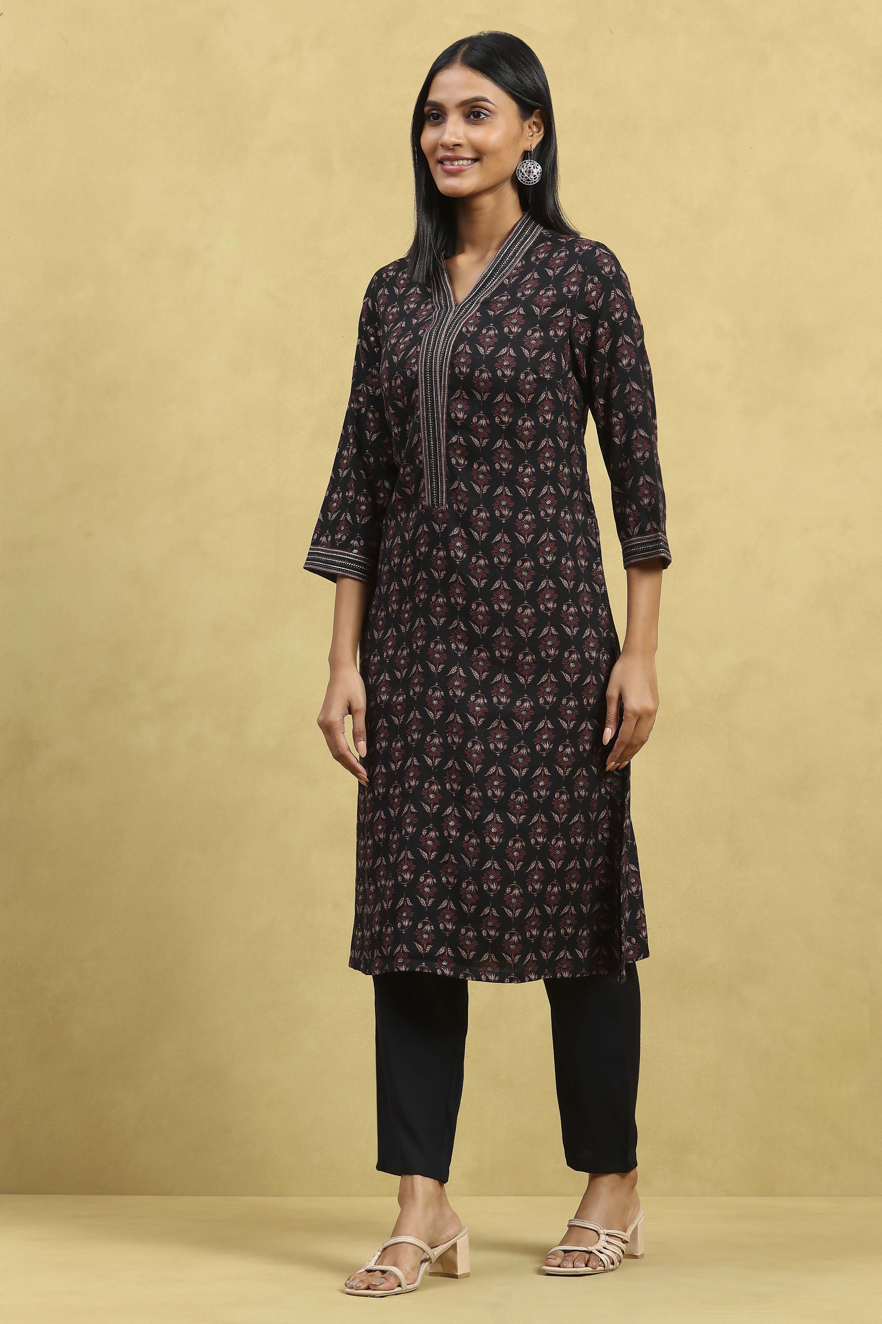 Brown Viscose Blend Printed Straight Kurta Pants Set image number 3