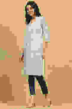 White and Blue Printed Straight Kurta image number 2