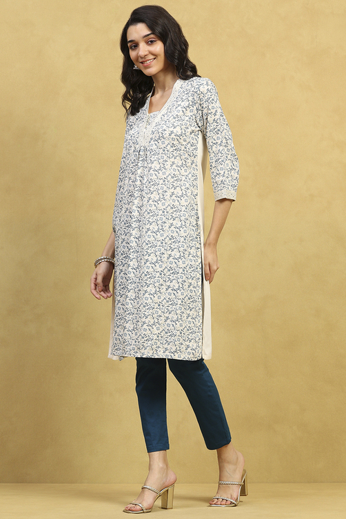 White and Blue Printed Straight Kurta image number 2