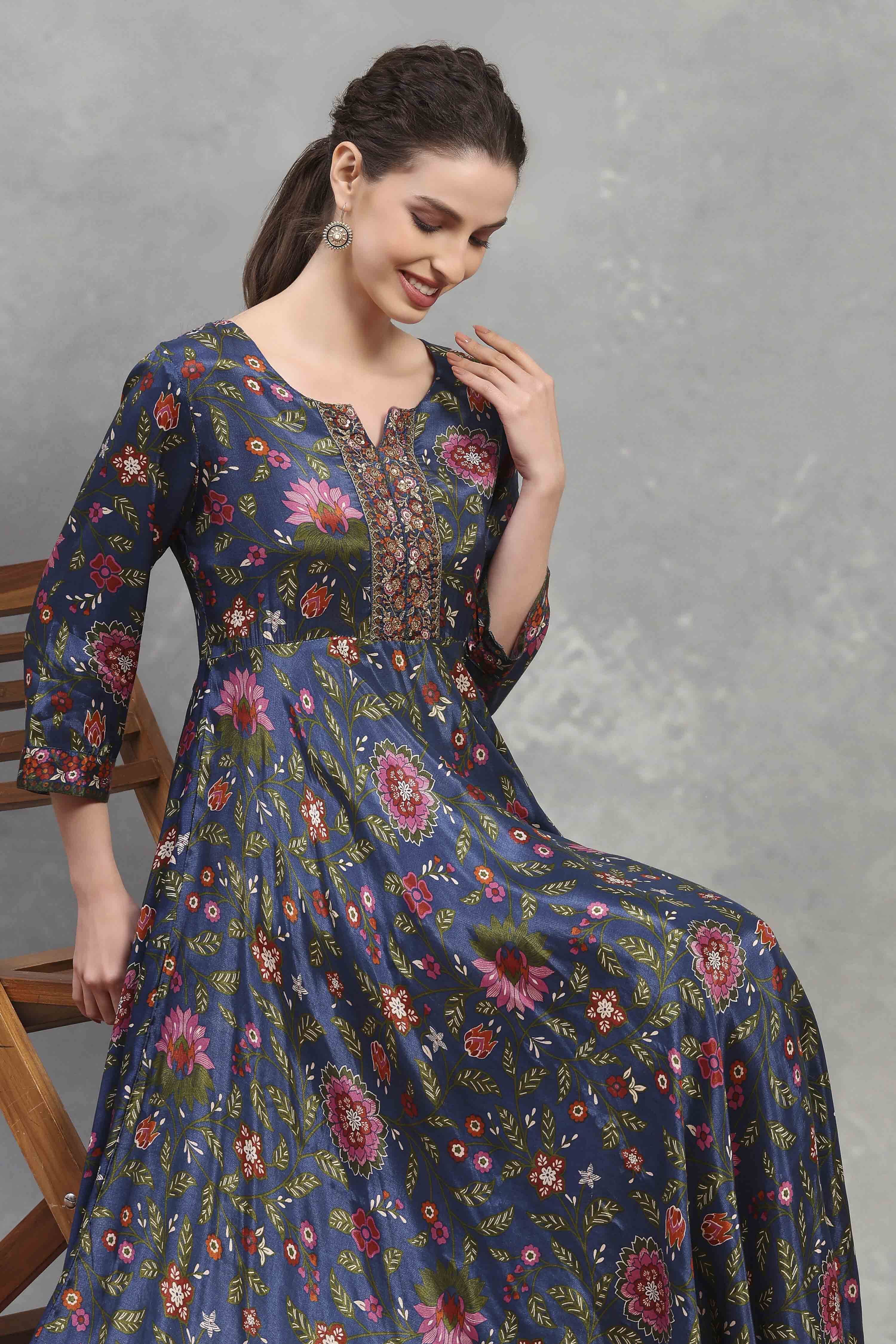 Blue Viscose Rayon Printed Flared Dress image number 6