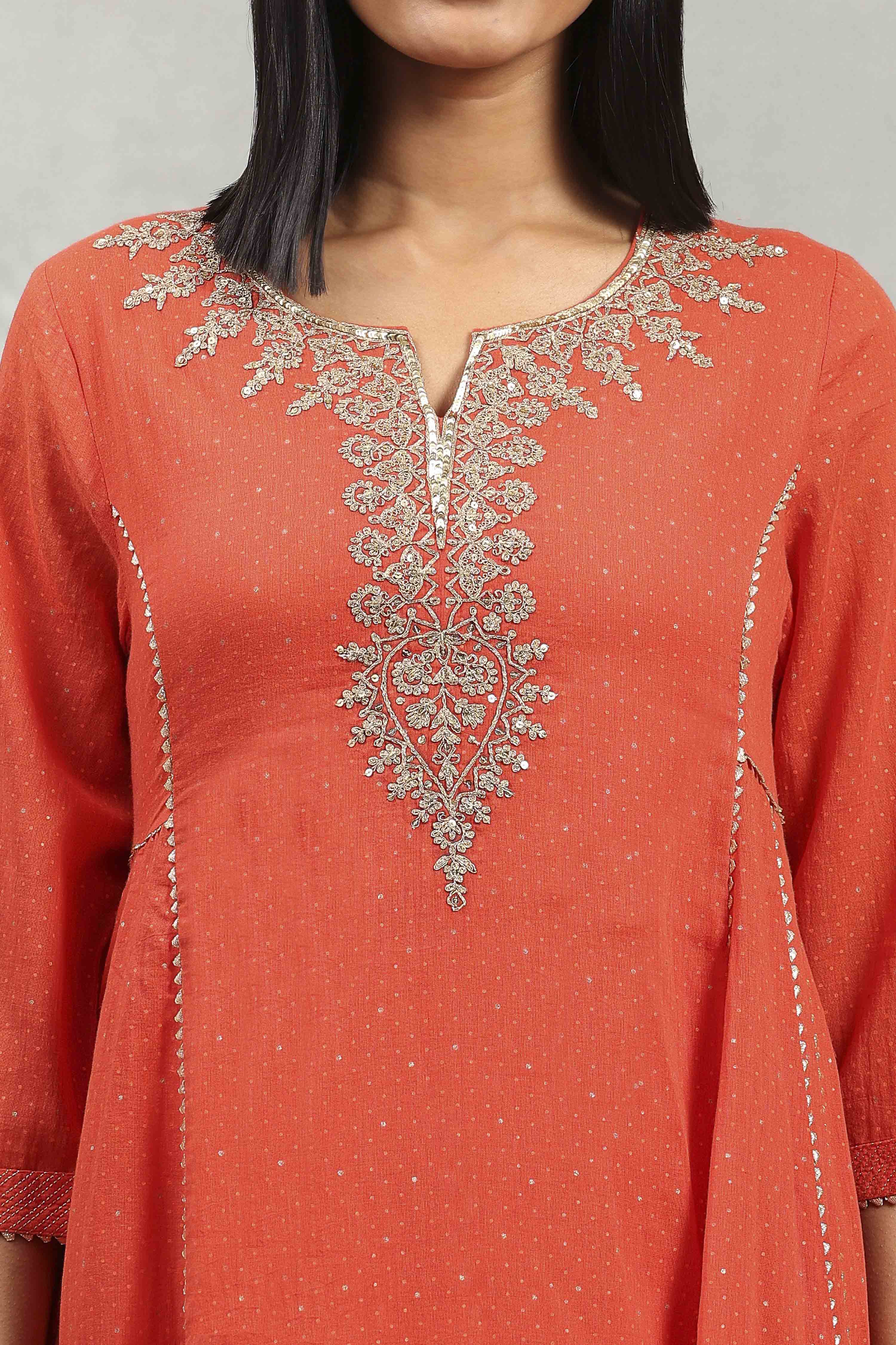 Orange Cotton Printed Kalidar Suit Set image number 1