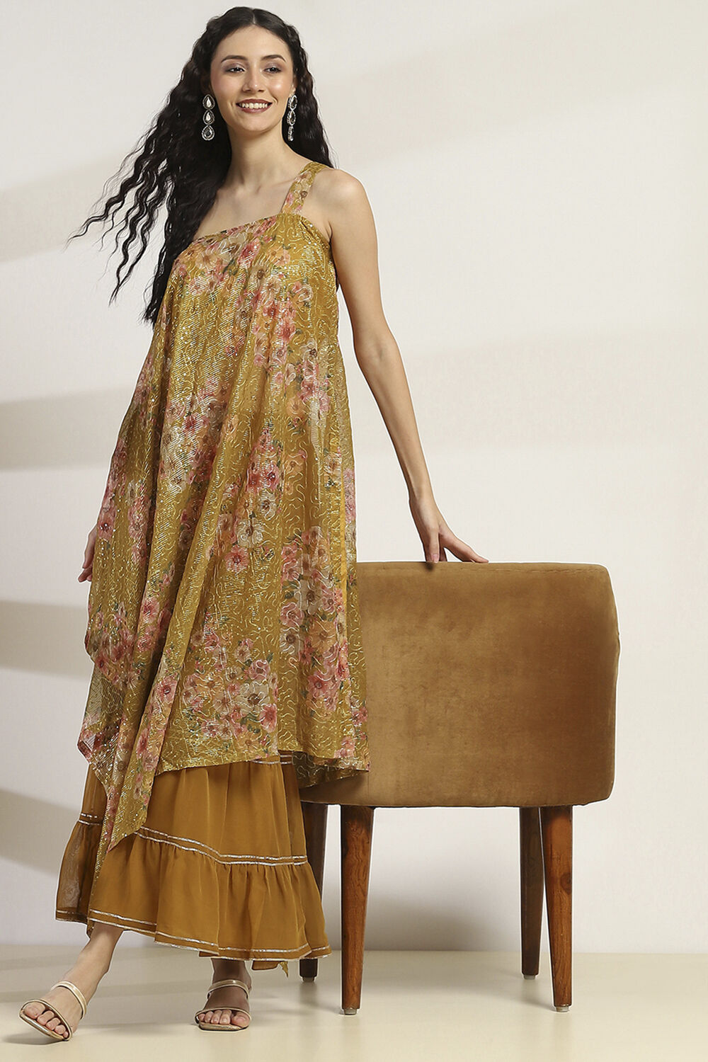 Yellow Poly Georgette Asymmetric Printed Kurta Sharara Suit Set image number 0