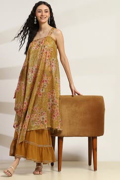 Yellow Poly Georgette Asymmetric Printed Kurta Sharara Suit Set image number 0