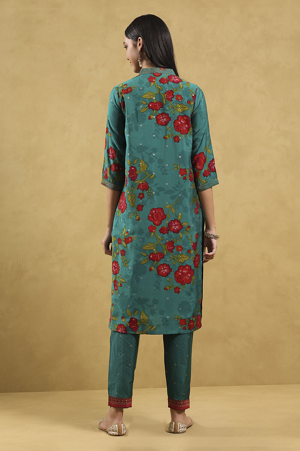 Teal Viscose Blend Printed Straight Kurta Pants Set image number 4