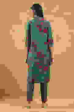 Teal Viscose Blend Printed Straight Kurta Pants Set image number 4