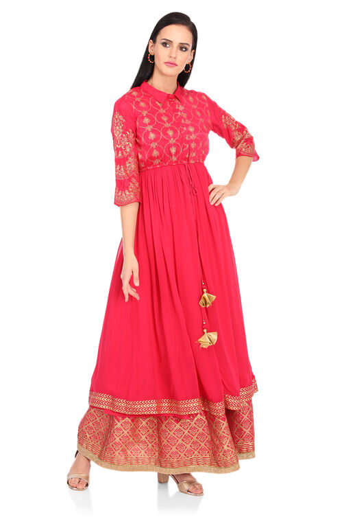 Pink Flared Viscose Kurta image number 2