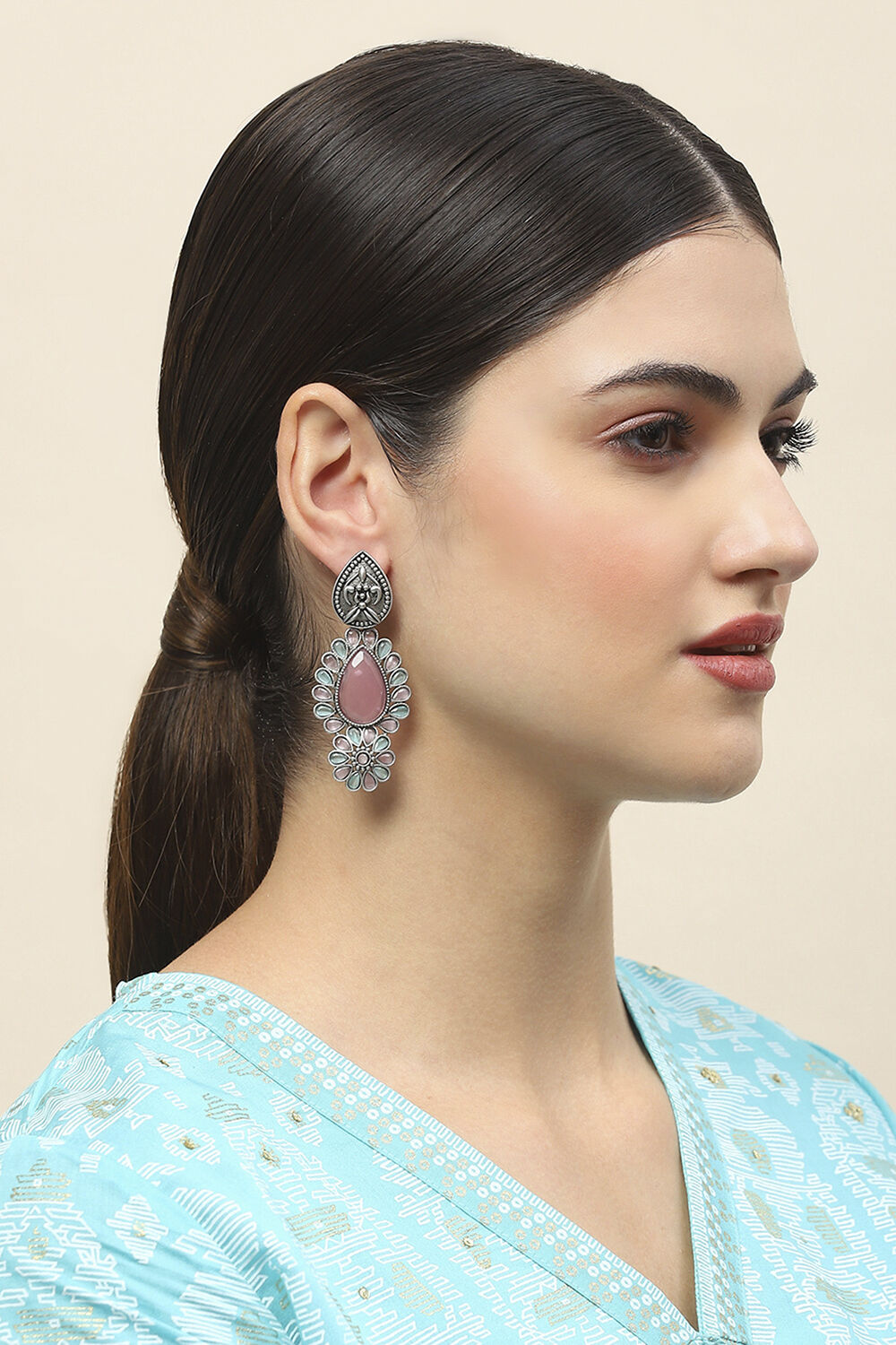 Light Pink Green Oxidised Alloy Earrings image number 3