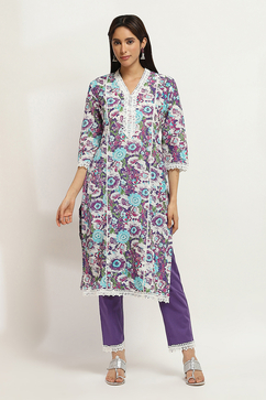 Purple Cotton Floral Straight Kurta Set image number 0
