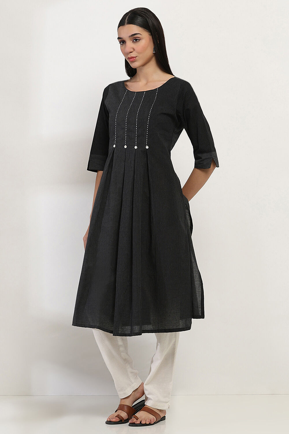 Lime Green Cotton Pleated Straight Kurta image number 0