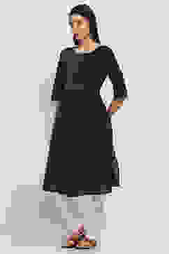 Black Cotton Pleated Straight Kurta image number 0