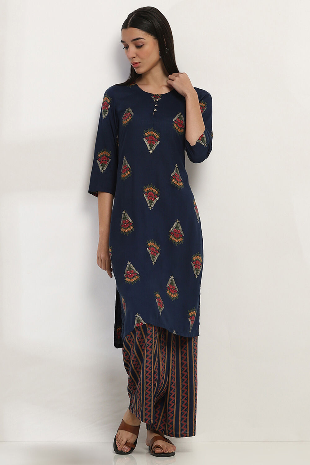 Navy Blue Printed Straight Kurta Set image number 0