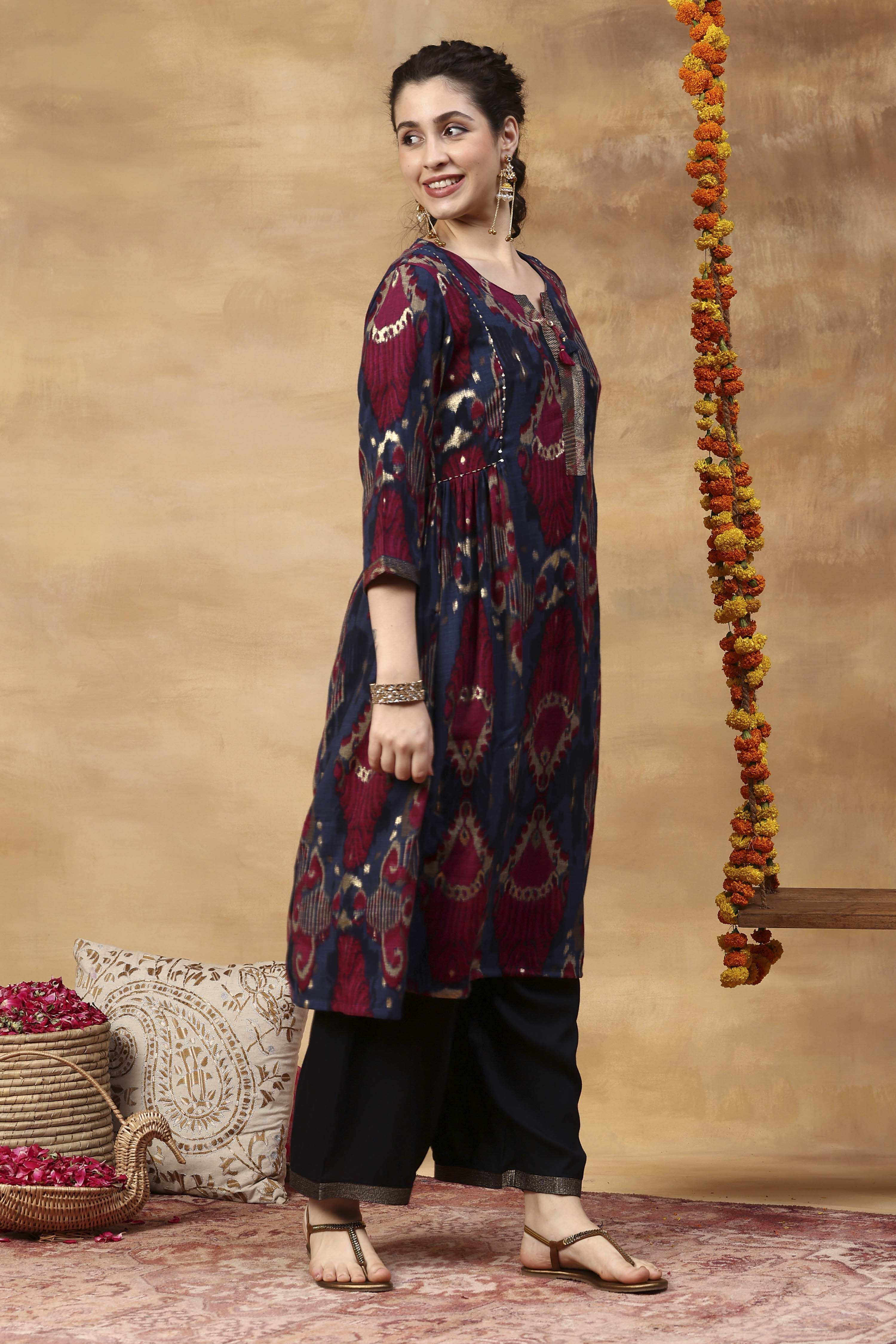 Blue Printed Viscose Blend A-Line Co-ord Set image number 4