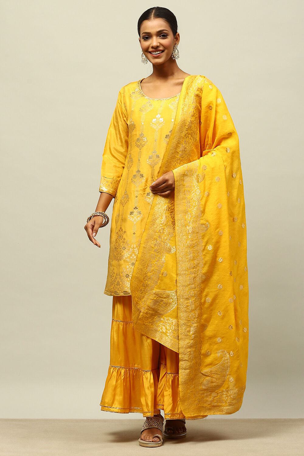 Mustard Yellow Viscose Blend Straight Yarn Dyed Kurta Sharara Suit Set image number 0