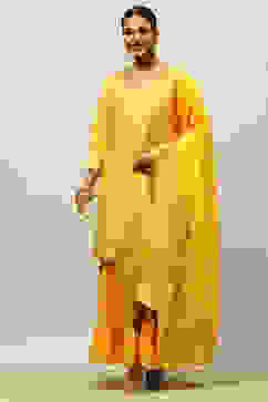Mustard Yellow Viscose Blend Straight Yarn Dyed Kurta Sharara Suit Set image number 0
