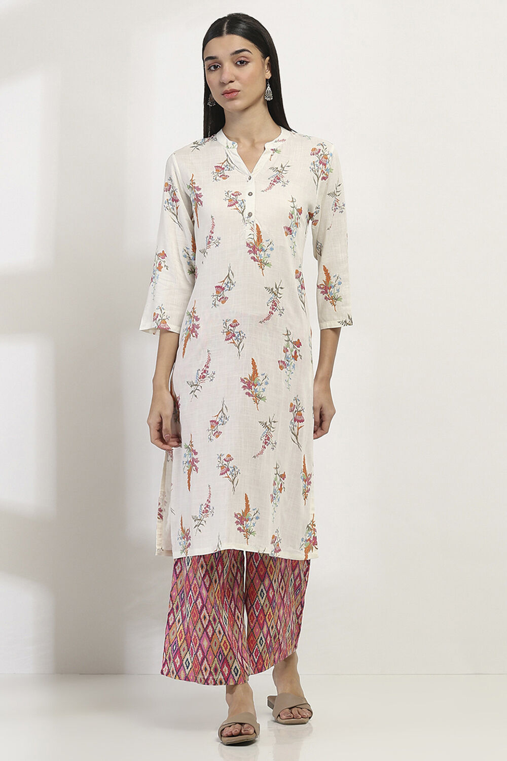 White Printed Straight Kurta Set image number 6