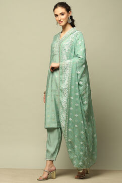 Jade Green Viscose Blend A-Line Printed Kurta Palazzo Suit Set image number 3