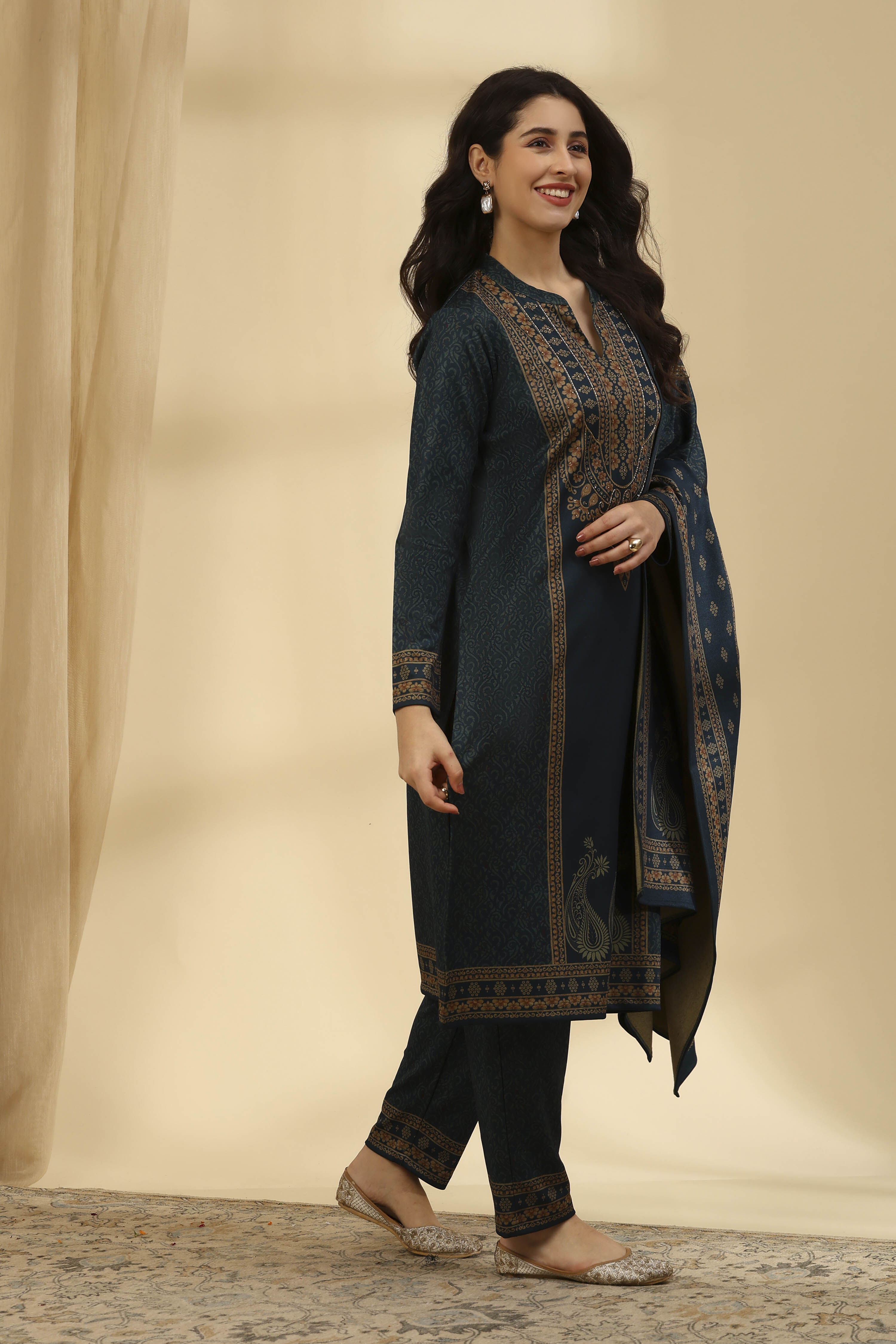 Teal Polyester Straight Printed Suit Set image number 4